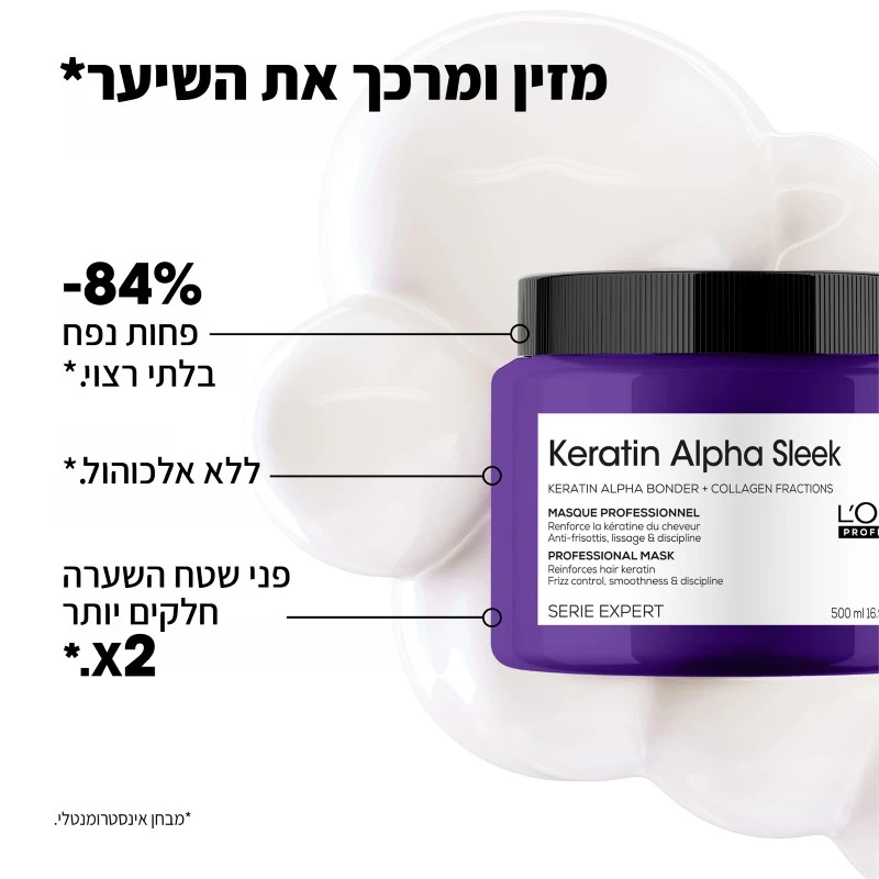 מסכה לשיער קרטין אלפא סליק למראה שיער חלק ושליטה בנפח בלתי רצוי 500 מ"ל – תמונה 2